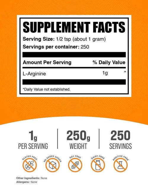 Bulksupplements L-Arginine Powder - Arginine Supplement - Unflavored, 1G per Serving, 250G (8.8)